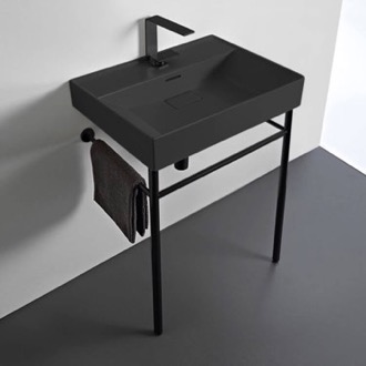 Console Bathroom Sink Rectangular Matte Black Ceramic Console Sink and Matte Black Stand, 24